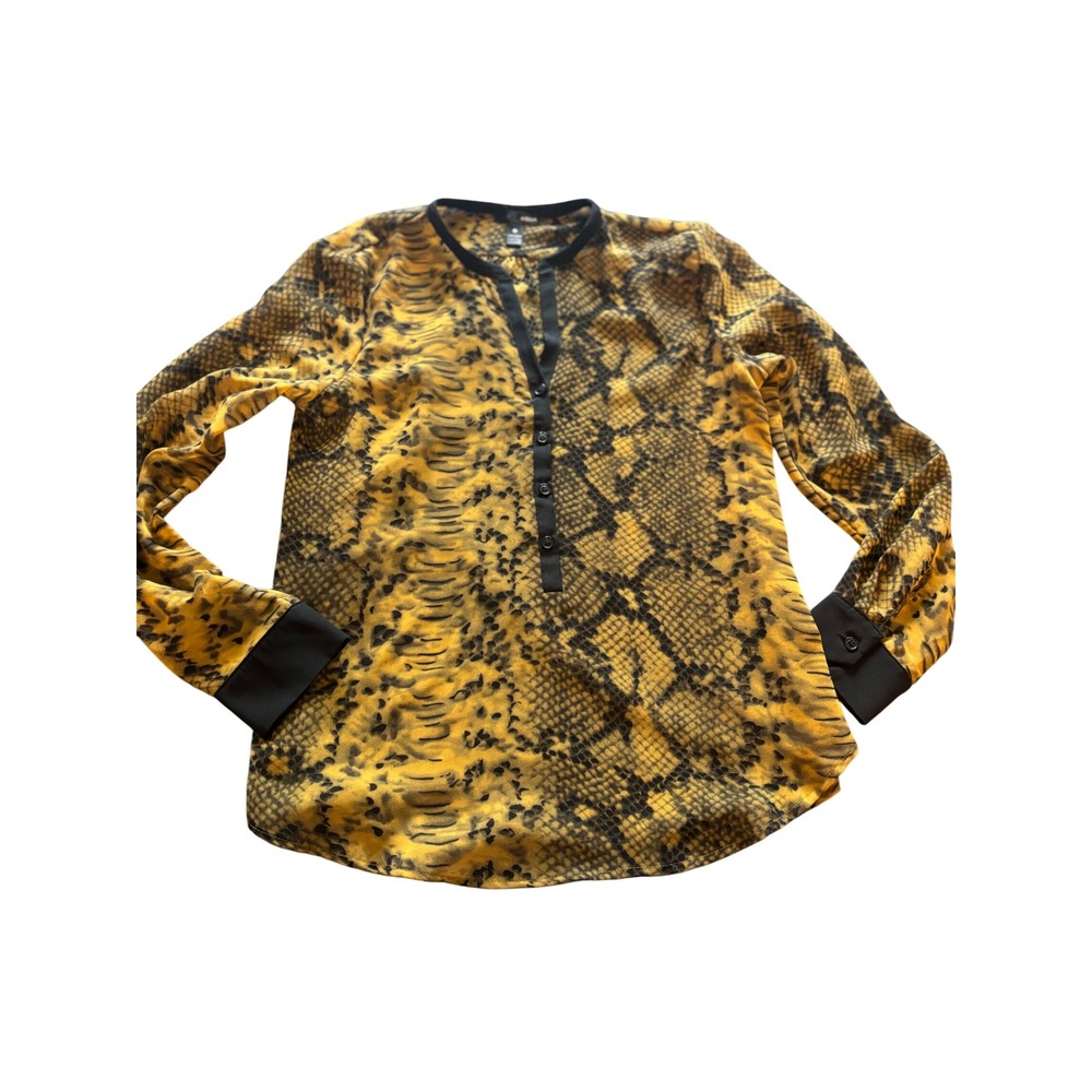 AQUA Women Yellow Snakeskin Print Henley Blouse Long Sleeve Animal Print Top S